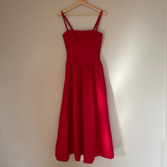 NEW Reformation Katarin Linen Midi Dress Lipstick Red Lace Detail | US 6 UK 10 - Picture 7 of 15